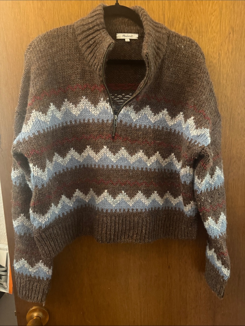 Madewell Brown Zigzag Half-Zip Turtleneck Sweater with Light Blue & Cream